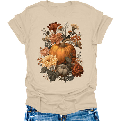 Pumpkin Shirts Vintage Fall Women's Floral Autumn Thanksgiving Graphic Tees