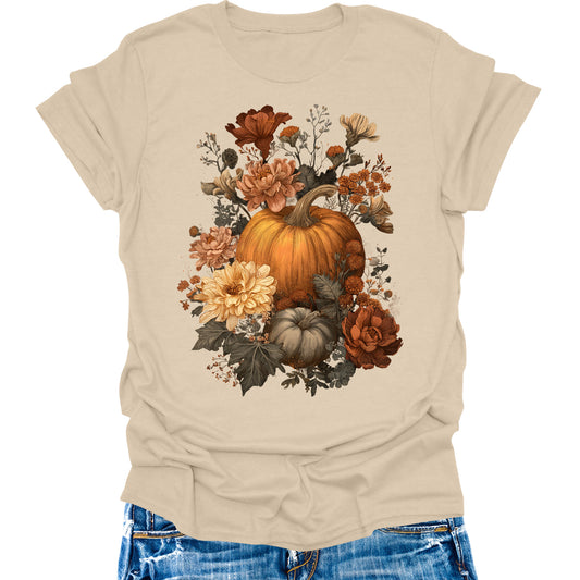 Pumpkin Shirts Vintage Fall Women's Floral Autumn Thanksgiving Graphic Tees