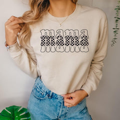 Mama Retro Crewneck Sweatshirt Checkeetter Print Tops for Mom