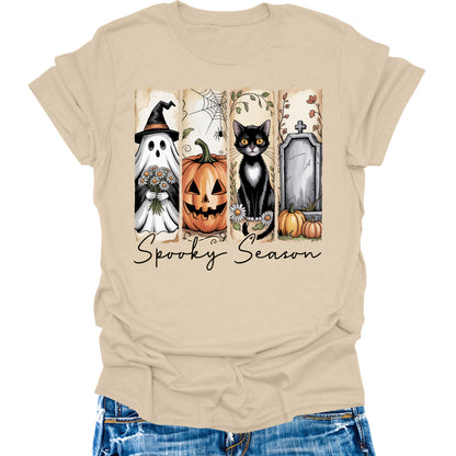 Halloween Spooky Season Shirts Womens Fall T-Shirts Cute Graphic Tees Thanksgiving Tops