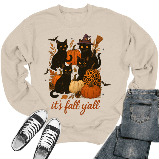 Women's It's Fall Y'all Pumpkin Cat Crewneck Sweatshirt