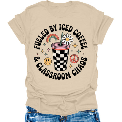 Fueled By Caffeine and Chaos Teacher Shirt Retro Vintage Funny Back to School Graphic Tees Womens Tops