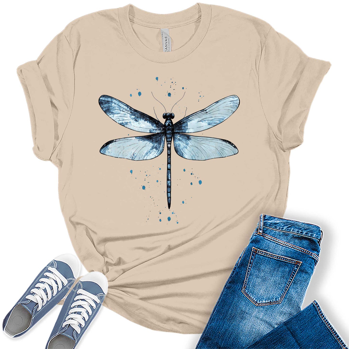 Women's Graphic Tees Casual Summer Vintage Dragonfly Printed Short Sleeve Cute T Shirts Tops