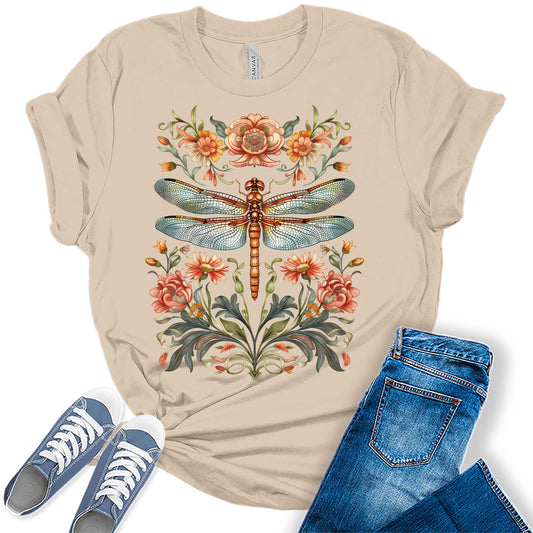 Trendy Floral Dragonfly Summer Boho Womens Graphic Tees