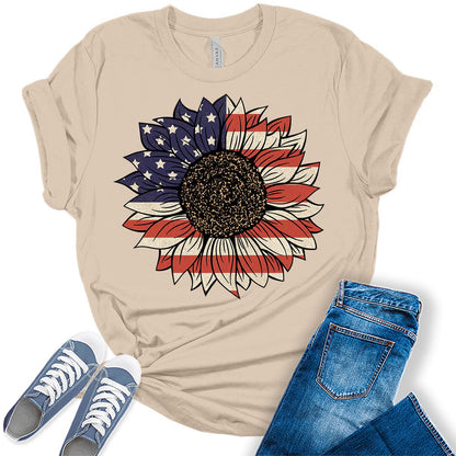 Sunflower American Flag Graphic Tees For Women