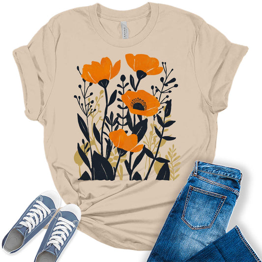 Boho Shirt Wildflower Vintage Graphic Tees for Womenpring Short Sleeve Plus Size Tops