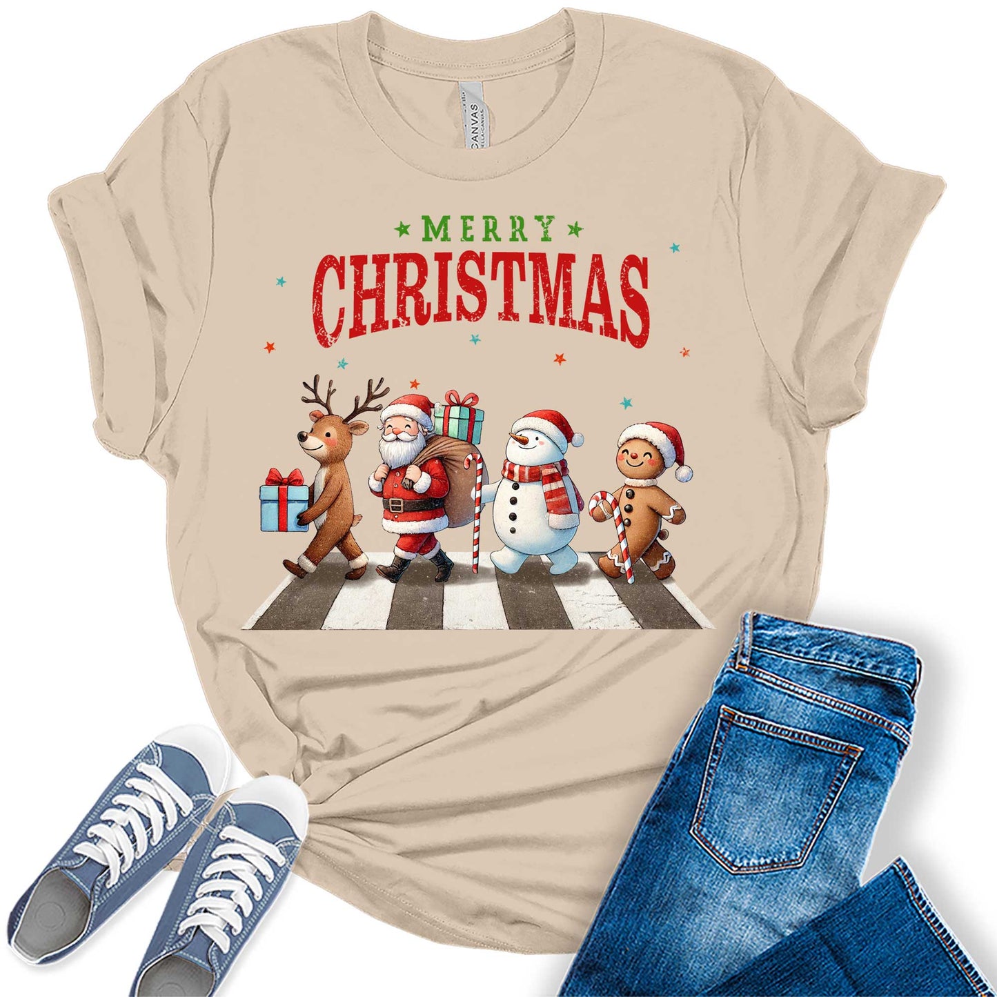 Women's Merry Christmas Shirt Festive Holiday Letter Print Graphic Tees