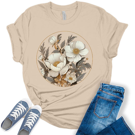 Women's Vintage Flowers Shirt Casual Boho Floral Printed T-Shirt Sunflower Wildflowers Graphic Tees Tops for Girl