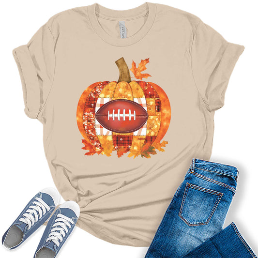 Women's Pumpkin Football Patchwork Graphic Tees