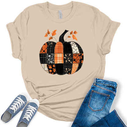 Women's Buffalo Plaid Patched Pumpkin Fall Graphic Tees