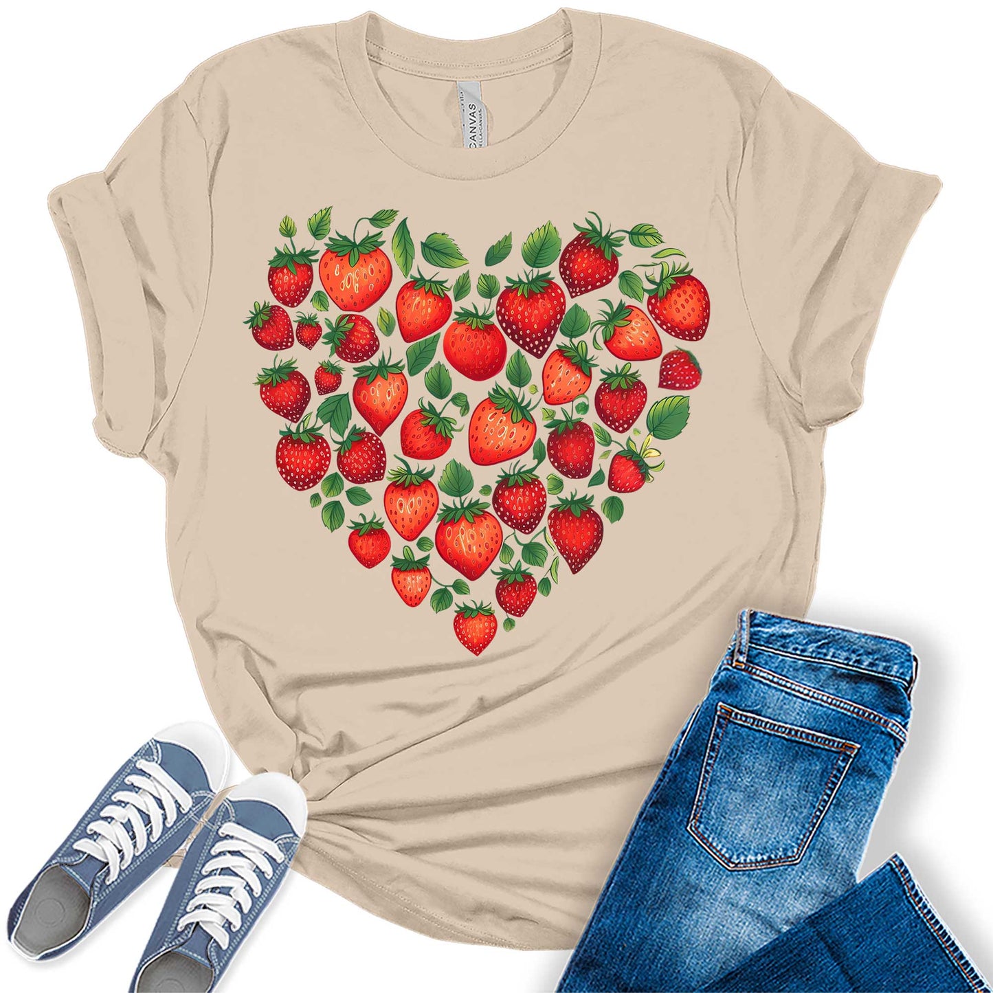 Trendy Strawberry Heart Graphic Tees For Women