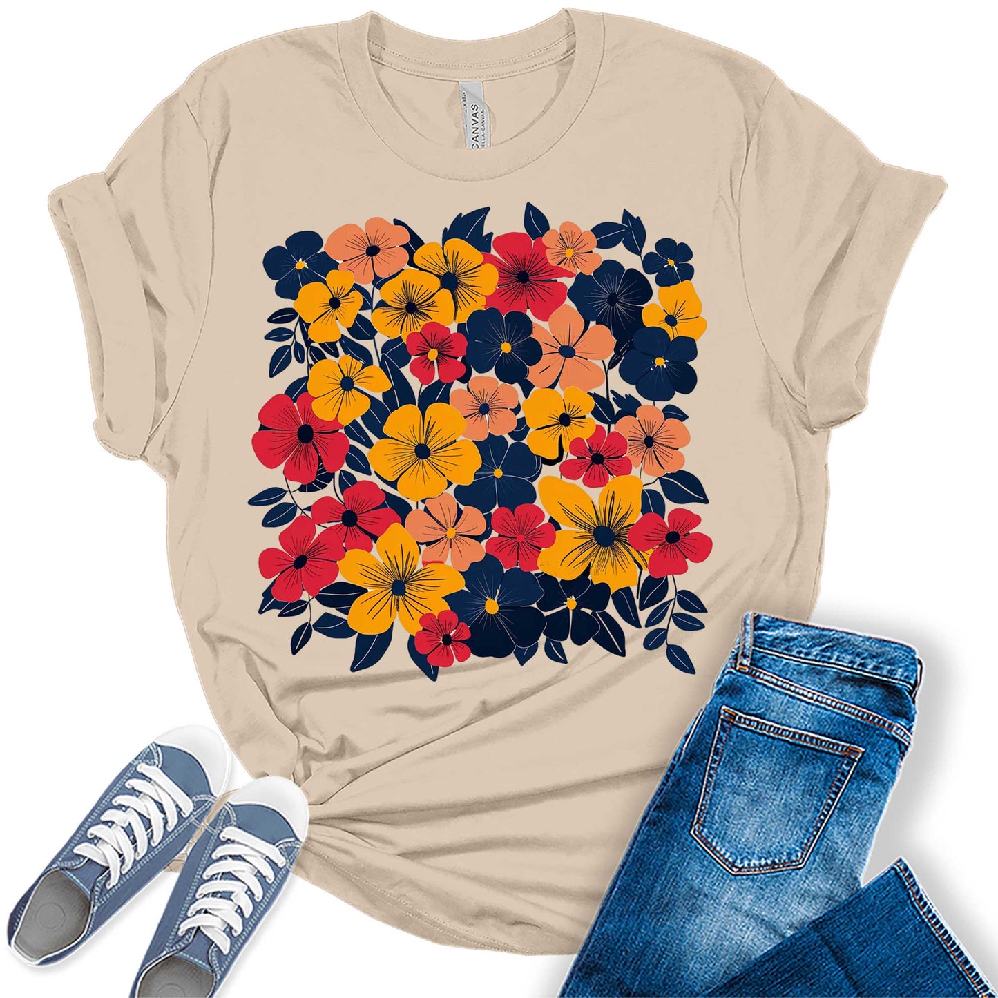Floral Wildflower Shirt Vintage Boho Graphic Tees for Women Trendy Plus Size Summer Tops