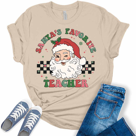 Santa's Favorite Teacher Shirt for Women Vintage Christmas Plus Size Graphic Tees