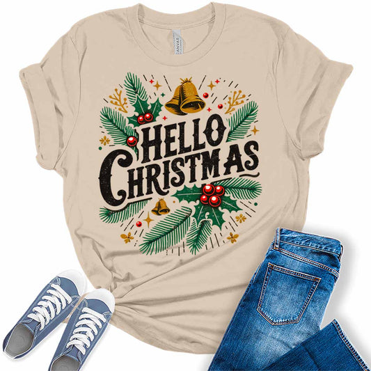 Hello Christmas Shirts for Women Holiday Letter Print Graphic Tees