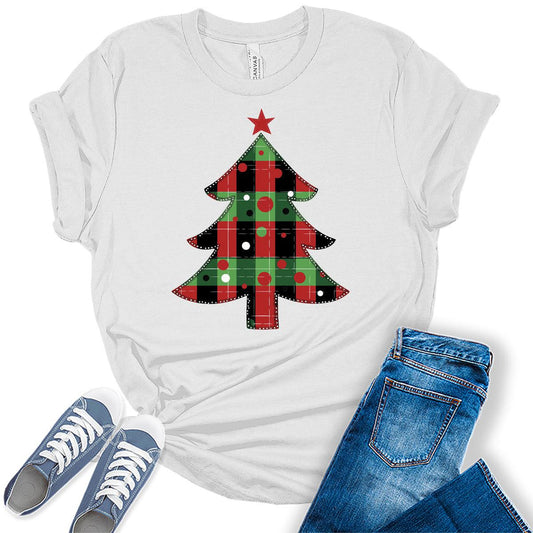 Women's Christmas Shirt Buffalo Plaid Christmas Tree Graphic Tees