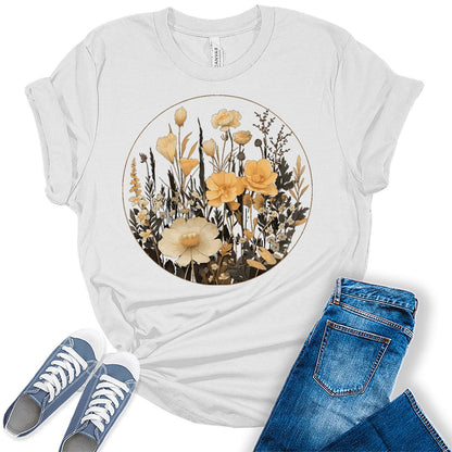Floral Shirts Womens Graphic Tees Vintage Wildflower Spring Cottagecore T Shirts Bella Summer Tops