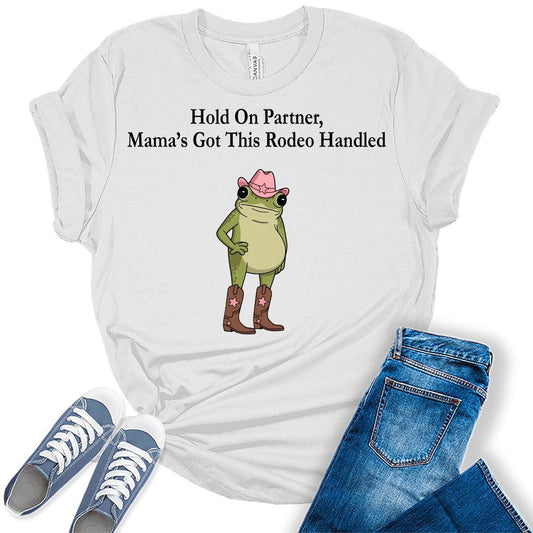 Women's Hold On Partner Funny Western Frog Shirts For Mom Graphic Tees Bella Plus Sized Tops