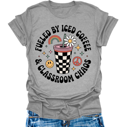 Fueled By Caffeine and Chaos Teacher Shirt Retro Vintage Funny Back to School Graphic Tees Womens Tops