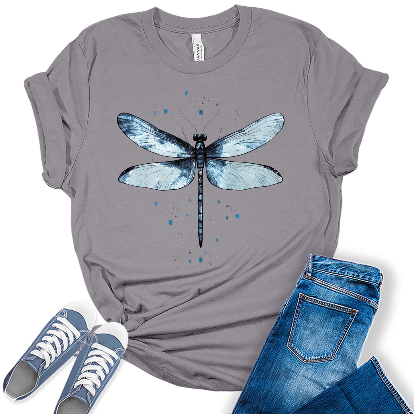 Women's Graphic Tees Casual Summer Vintage Dragonfly Printed Short Sleeve Cute T Shirts Tops