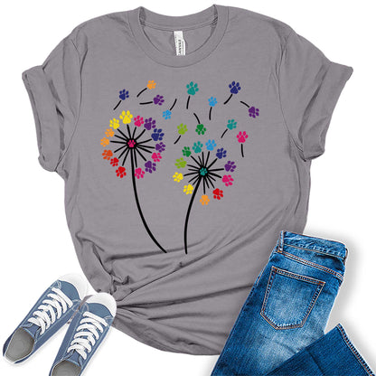 Women's Dandelion Graphic T-Shirts Loose Fit Cute Flower Paw Print Casual Tee Tops