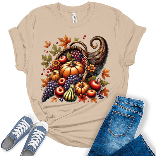 Cornucopia Fall Thanksgiving Graphic Tees For Women