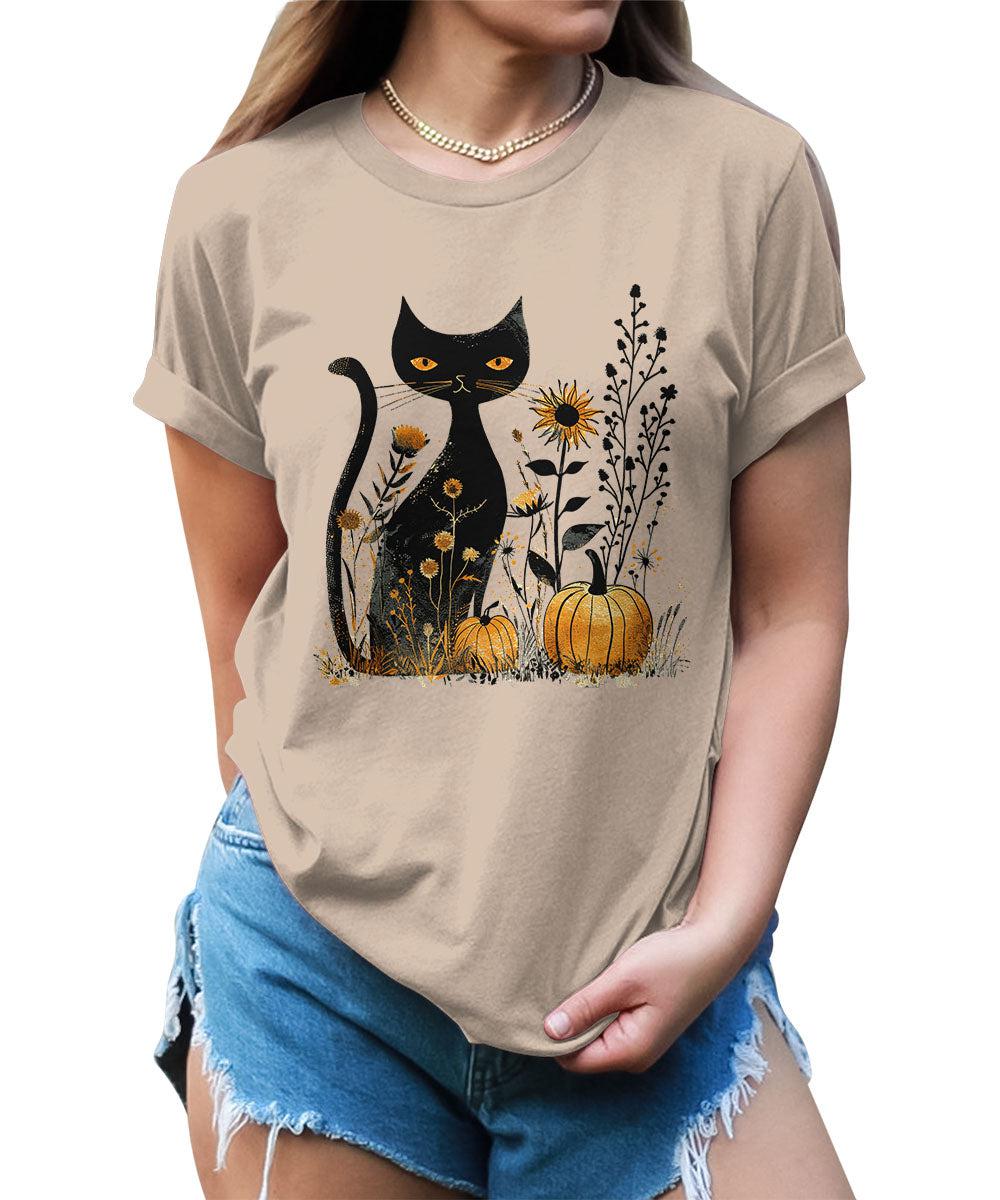 Cat Pumpkin Shirt Boho Halloween Short Sleeve Fall Plus Size Tops For Women