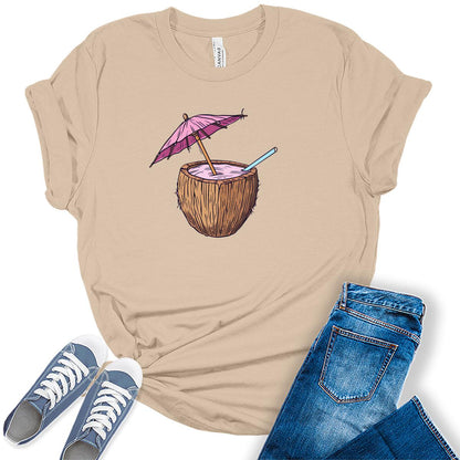 Summer Beach Umbrella Coconut Graphic Tees For Women