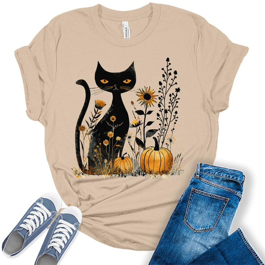 Cat Pumpkin Shirt Boho Halloween Short Sleeve Fall Plus Size Tops For Women