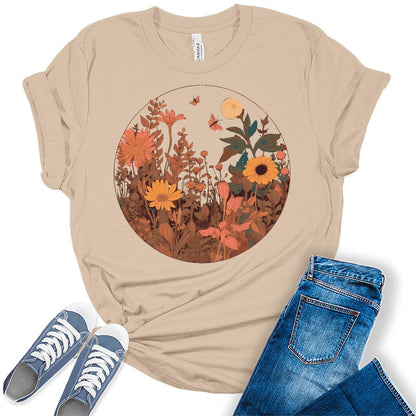 Womens Floral Shirts Trendy Wildflower Vintage Graphic Tees Casual Cottagecore Short Sleeve T Shirts