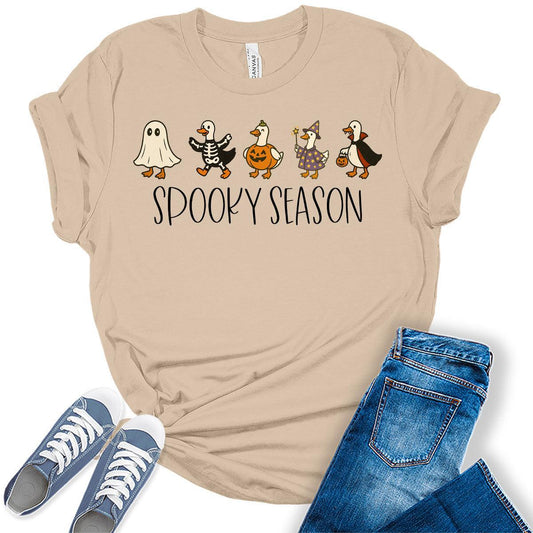 Vintage Spooky Season T Shirt Funny Goose Graphic Tee Casual Halloween Fall Shirt