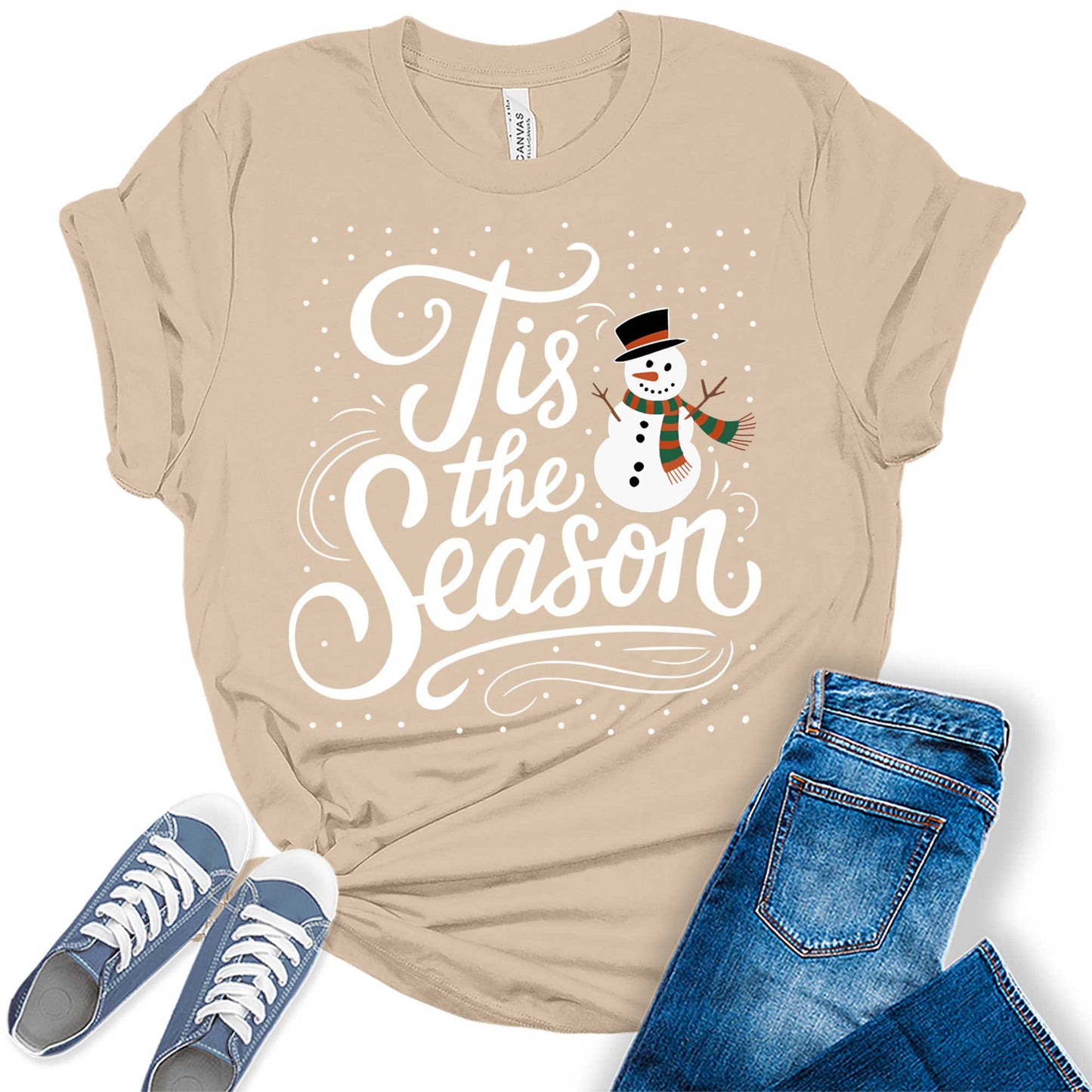 Women's Tis The Season Christmas Snowman Graphic Tees