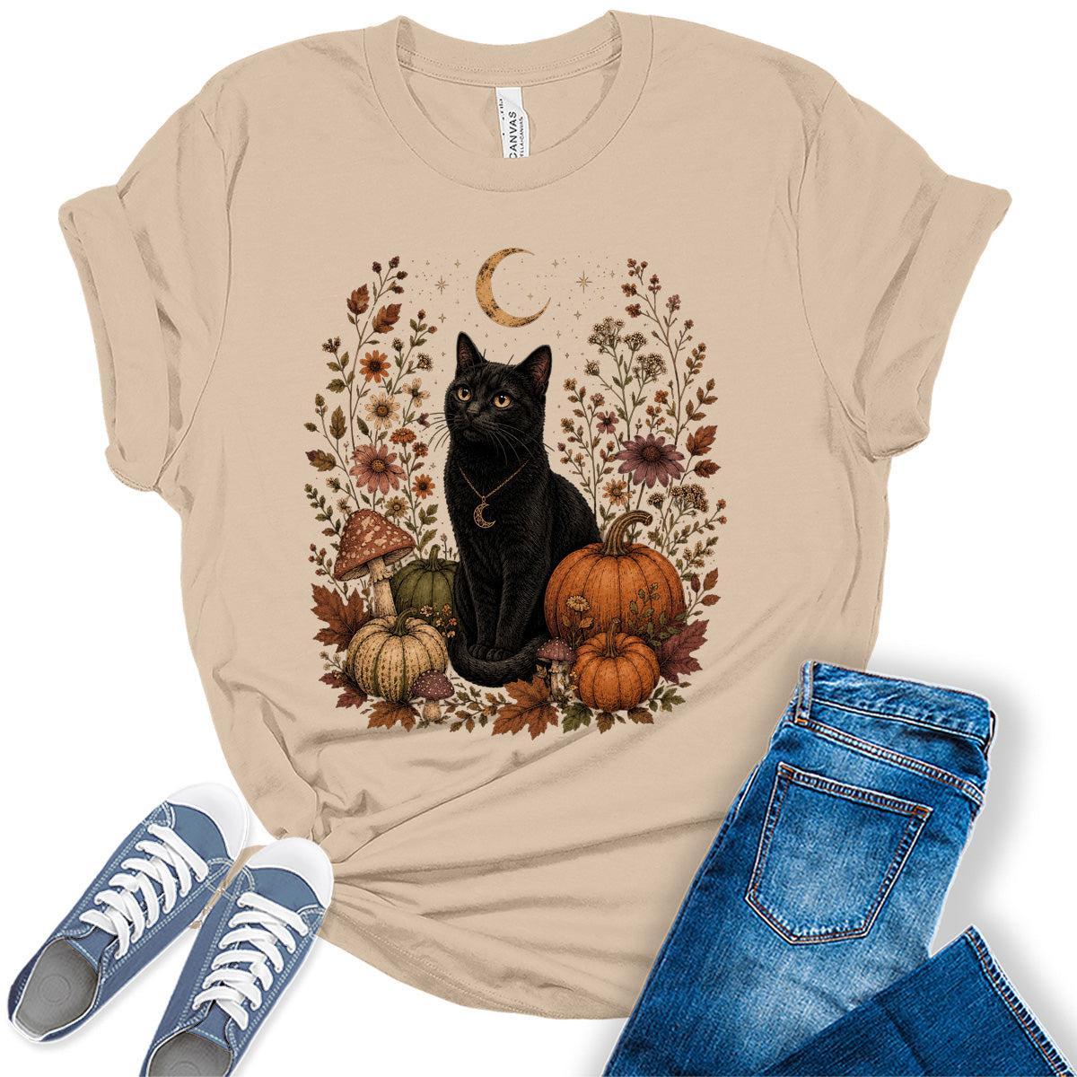 Womens Black Cat Pumpkin Halloween Shirt - Witchy Fall Graphic Tee Moon