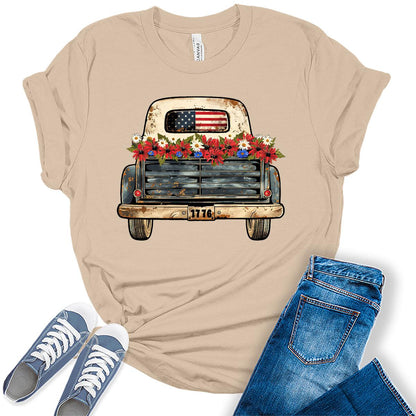 Patriotic Vintage Truck American Flag Graphic Tees for Women