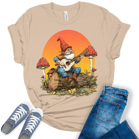 Funny Gnome Playing Guitar Mushroom Graphic Tees for Women