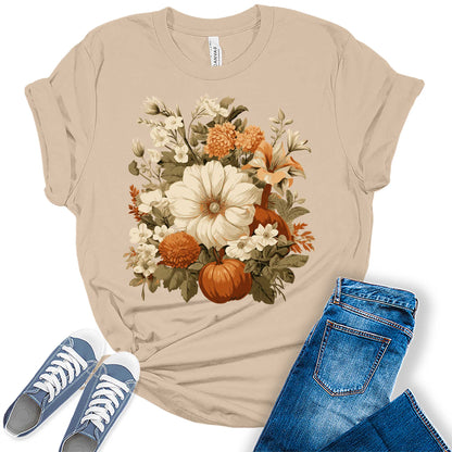 Women's Fall Floral Pumpkin Autumn Trendy Thanksgiving Graphic Tees