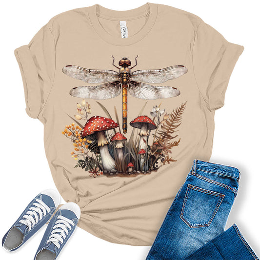 Trendy Dragonfly Summer Mushroom Womens Graphic Tees