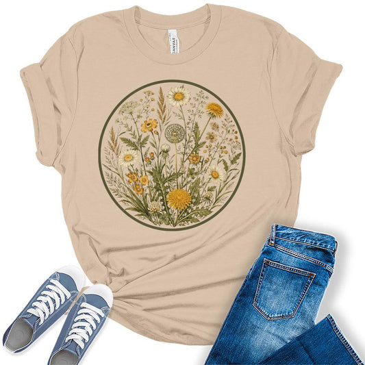 Women's Floral Shirts Trendy Wildflower Vintage Graphic Tees Short Sleeve T Shirts Bella Summer Tops