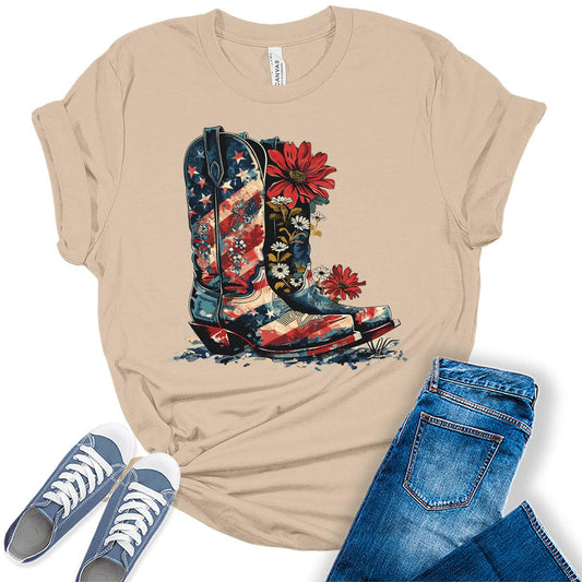 Patriotic Flower Boots American Flag Graphic Tees for Women