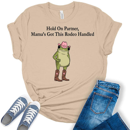 Women's Hold On Partner Funny Western Frog Shirts For Mom Graphic Tees Bella Plus Sized Tops