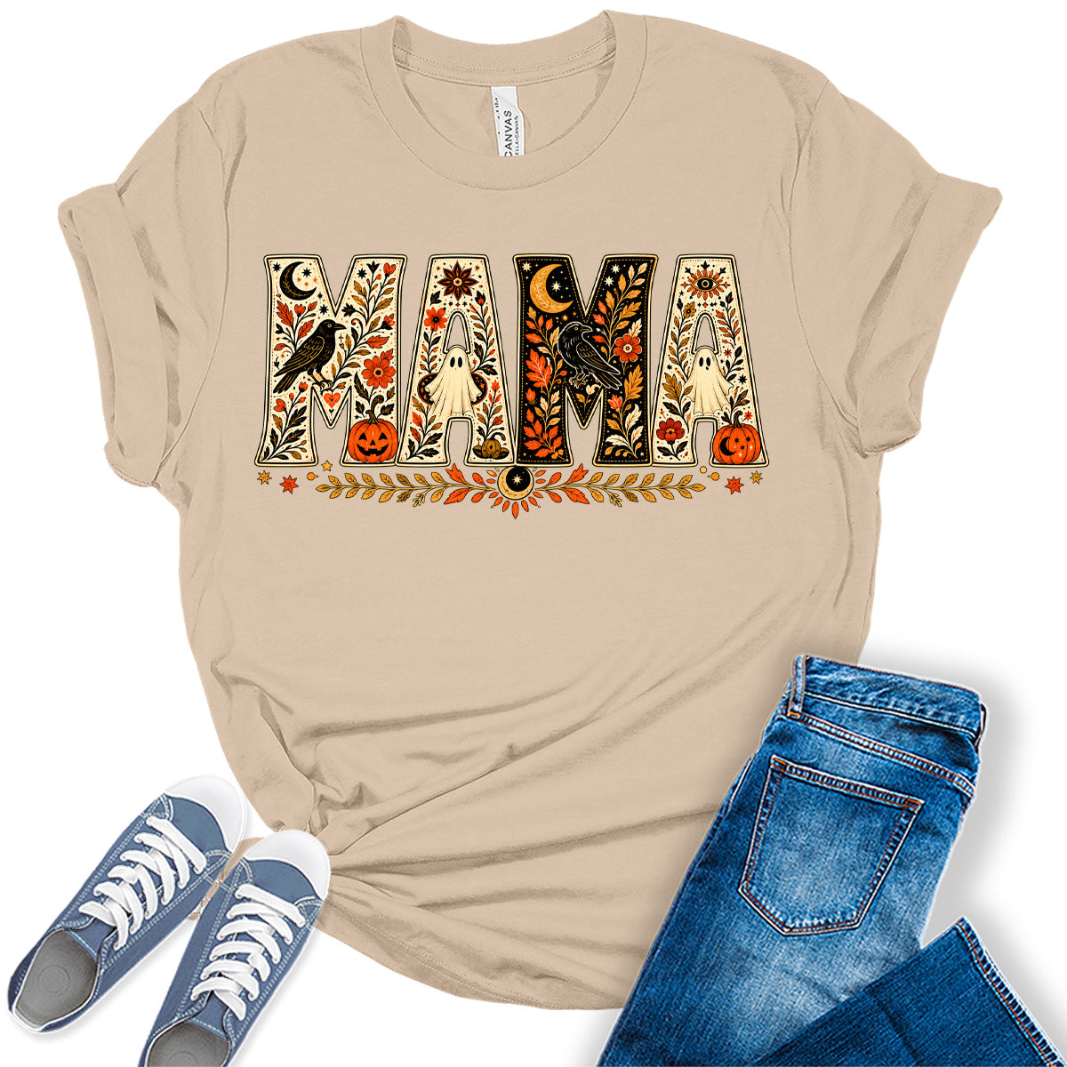 Women's Halloween Mama Shirt Vintage Fall Graphic Tees Short Sleeve Bella Autumn Tops