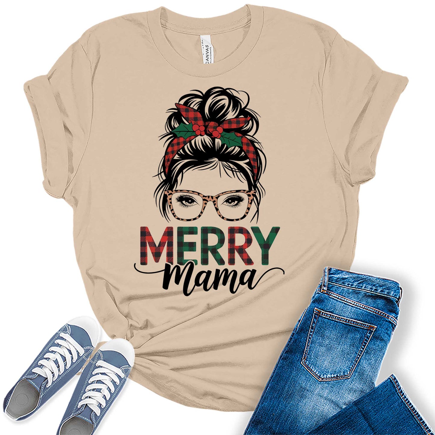 Women's Merry Mama Messy Bun Graphic Tees