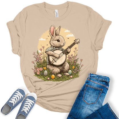 Women's Easter Bunny Playing Banjo Cottagecore Shirts Cute Trendy Casual Graphic Tees Bella Plus Sized Tops