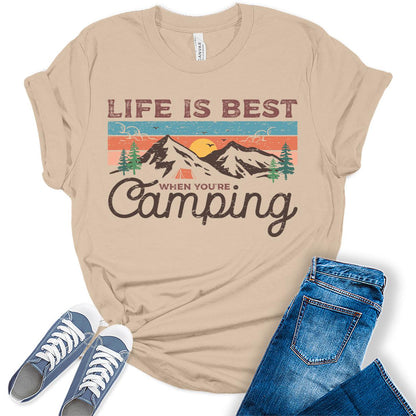 Womens Hiking Mountain Shirt Camping Nature Sunrise Pine Tree Tops Short Sleeve Regular Fit Graphic Tees