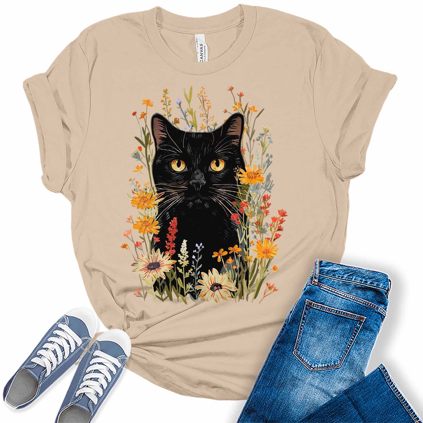 Trendy Black Cat Wildflowers Graphic Tees for Women