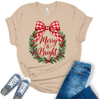 Merry & Bright Christmas Wreath Bow Women's Graphic Tee Shirt