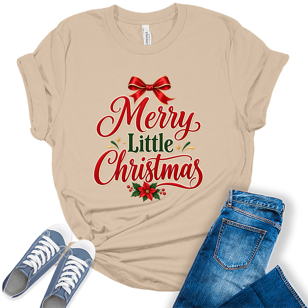 GyftWear Merry Little Christmas Bow Women's Holiday Graphic Tee Shirt