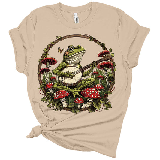 Womens Frog Playing Banjo Mushroom Frame Trendy Butterfly Graphic Tees