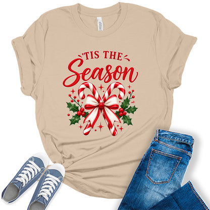 GyftWear Tis the Season Candy Cane Christmas Women's Graphic Tee Shirt