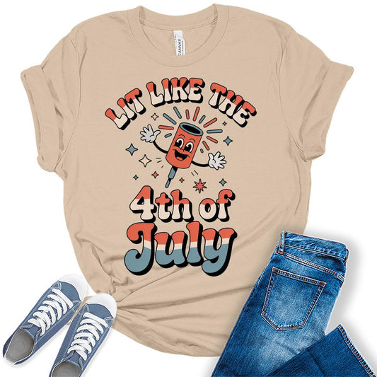 Retro Lit Like The 4th of July Shirts For Women Patriotic Graphic Tees Bella Plus Sized Tops
