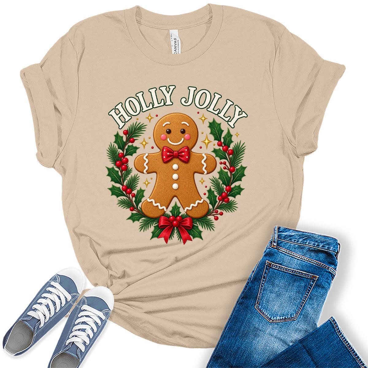 GyftWear Holly Jolly Gingerbread Man Christmas Women's Graphic Tee Shirt